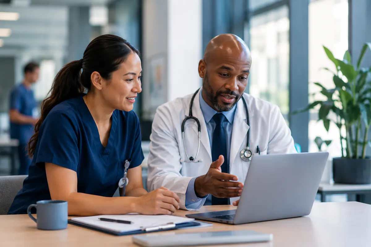 Nurse and physician working through administrative healthcare tasks on a laptop