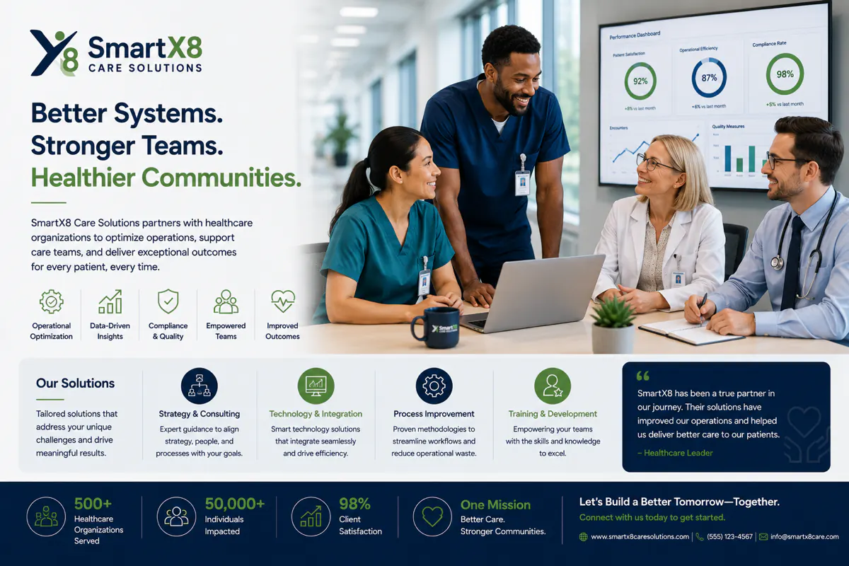 SmartX8 Care Solutions banner: Better Systems. Stronger Teams. Healthier Communities. — with the SmartX8 Care Solutions solution set