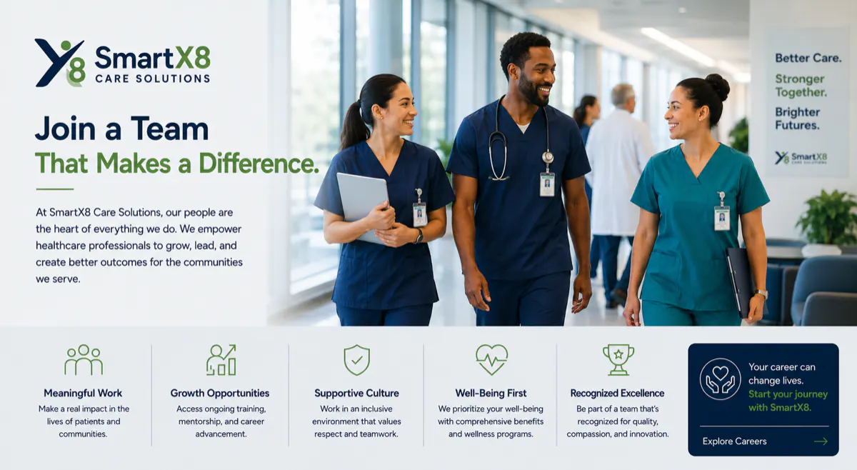 SmartX8 Care Solutions careers banner: Join a Team That Makes a Difference.