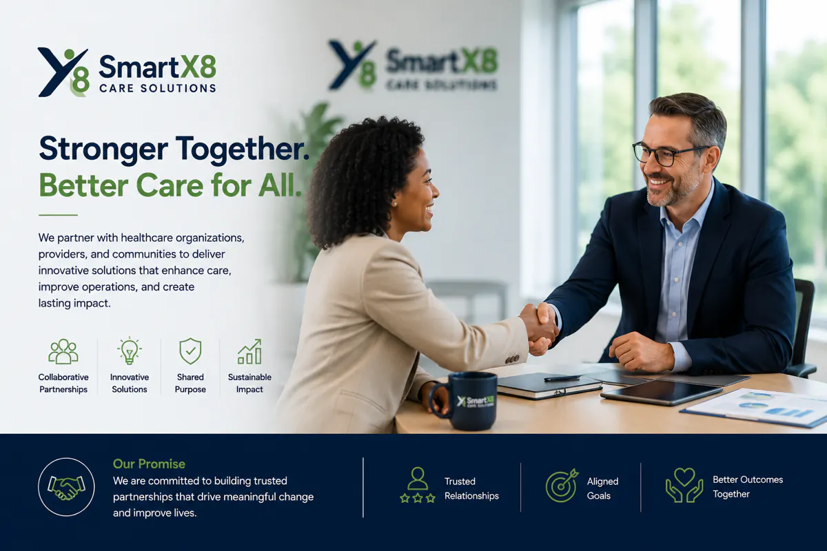 SmartX8 Care Solutions banner: Stronger Together. Better Care for All. — a partnership handshake
