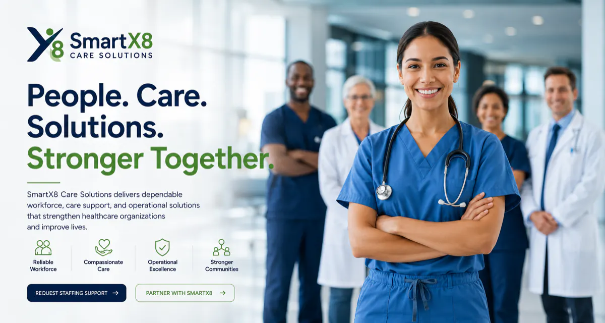 SmartX8 Care Solutions brand banner: People. Care. Solutions. Stronger Together.