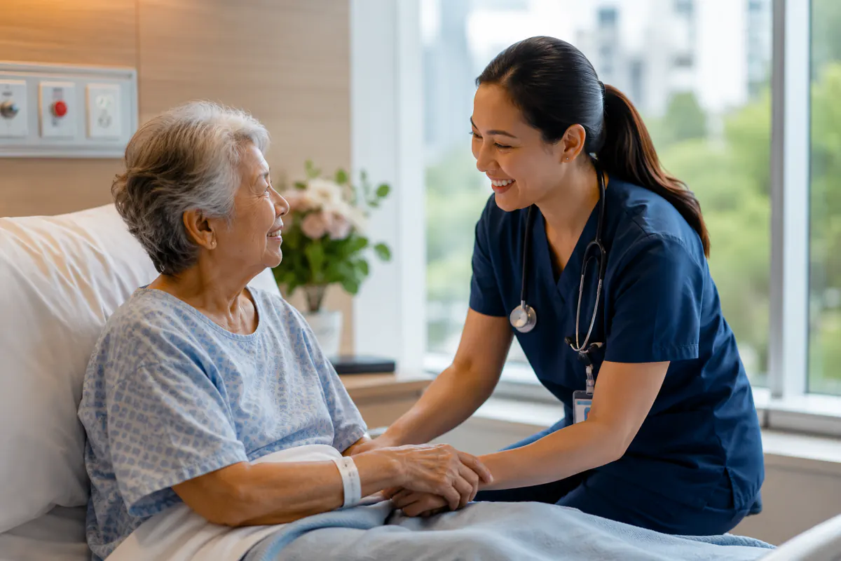 Nurse holding a patient’s hand at the bedside in a long-term care room