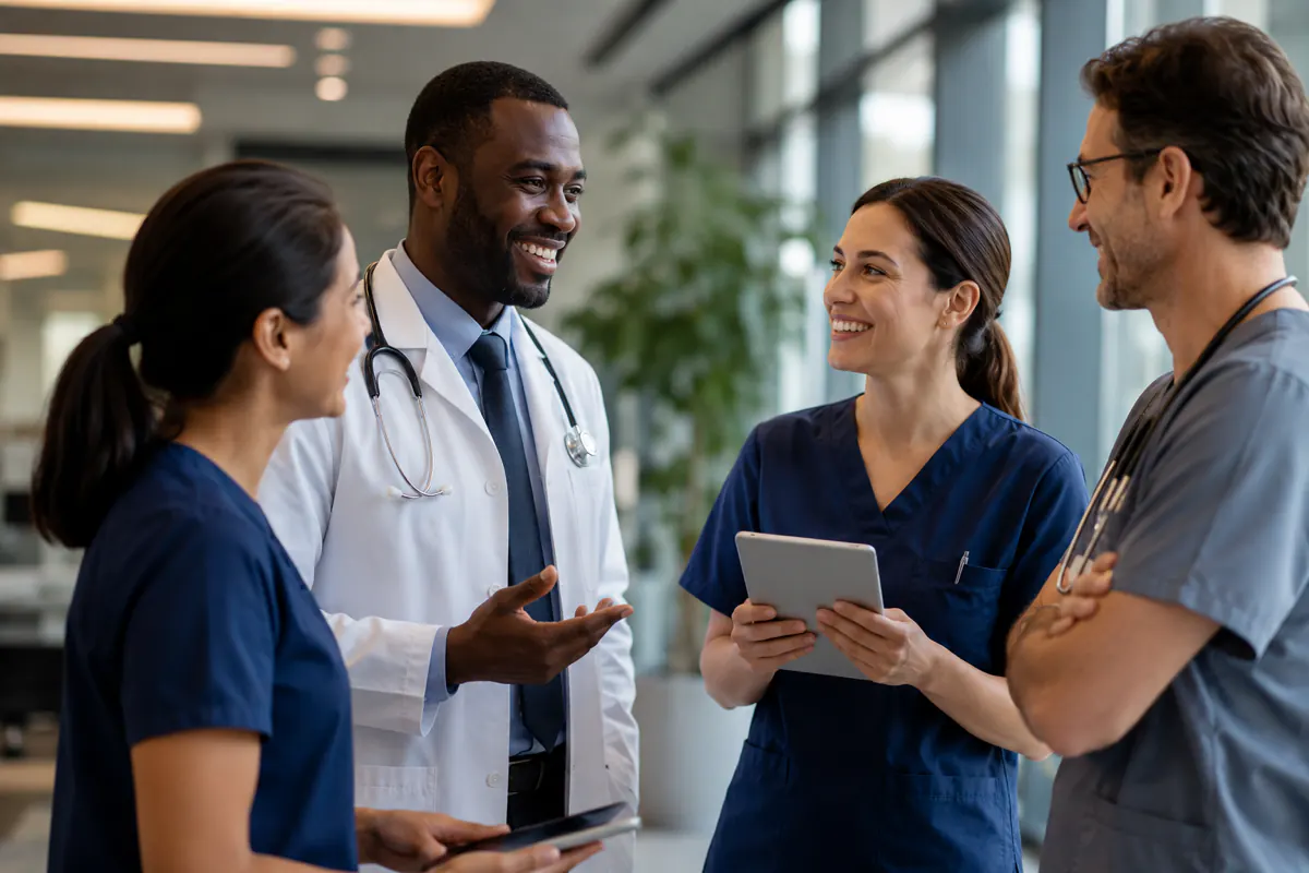 Four healthcare professionals in scrubs discussing shift coverage in a hospital corridor