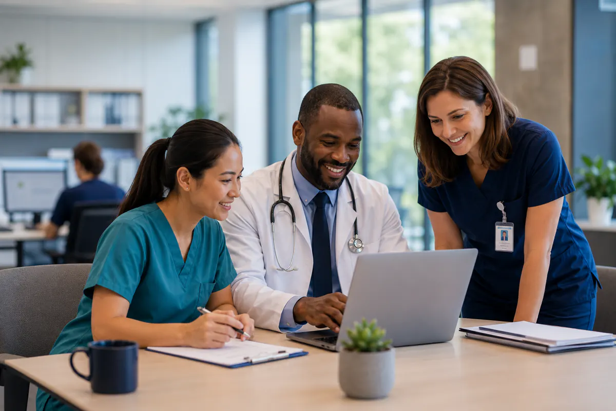 Physician and two nurses reviewing staffing schedules together on a laptop