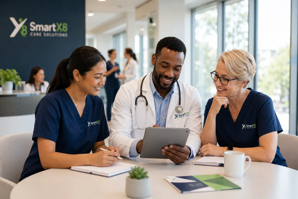 Clinical team meeting around a table with a tablet to coordinate patient care