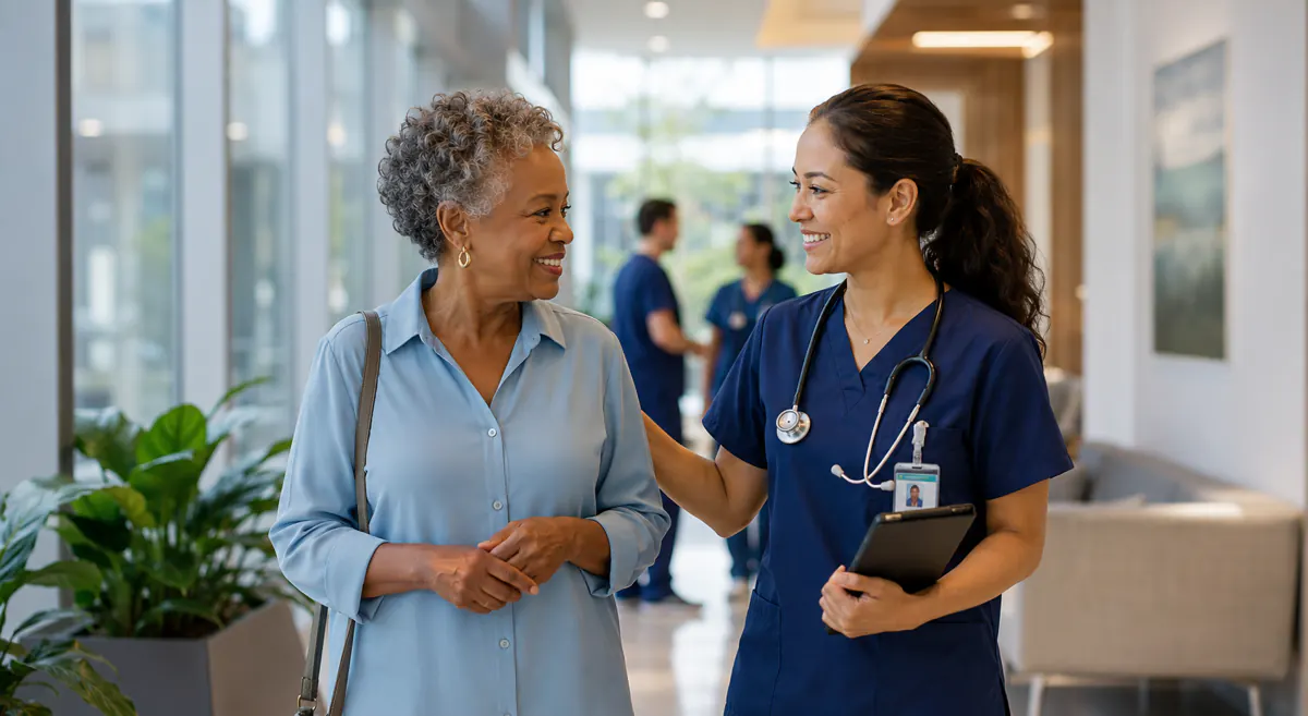 Nurse walking alongside a resident through the corridor of an assisted living facility