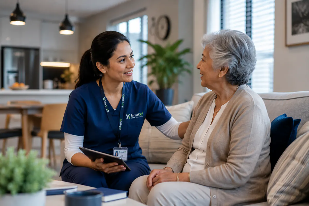 Care coordinator reviewing a care plan on a tablet with a senior client at home