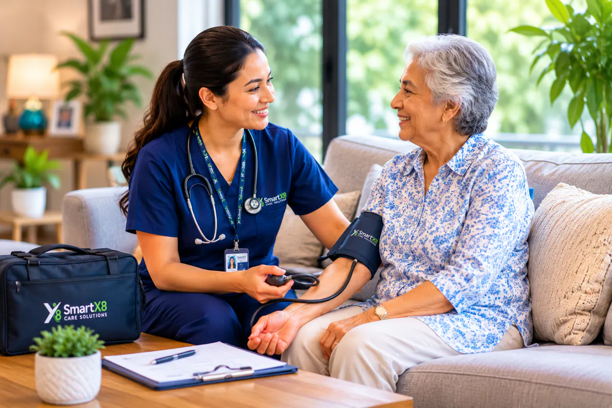 SmartX8 Care Solutions nurse checking an older adult’s blood pressure during an in-home care visit