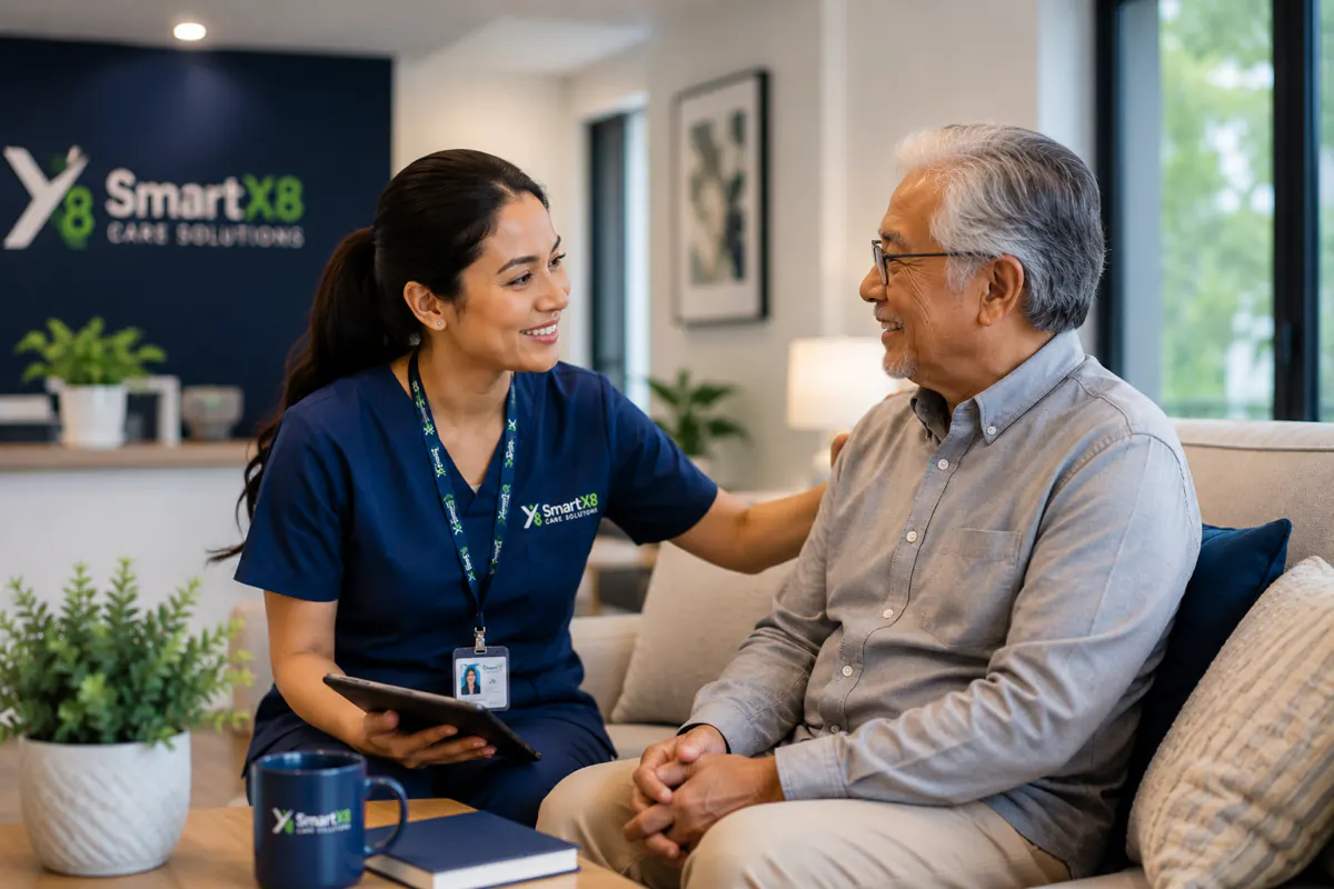 SmartX8 Care Solutions staff member talking with a senior client in a care facility lounge